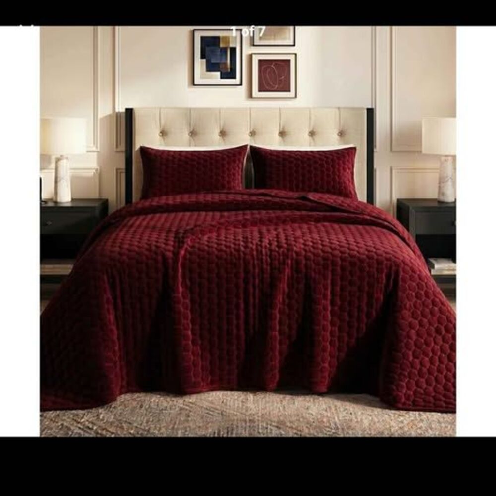 Plush Velvet Honeycomb Quilt Set in Burgundy with 2 Shams - new